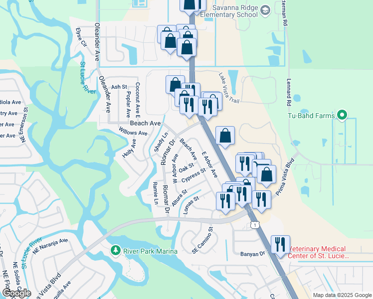 map of restaurants, bars, coffee shops, grocery stores, and more near 218 Beach Avenue in Port St. Lucie