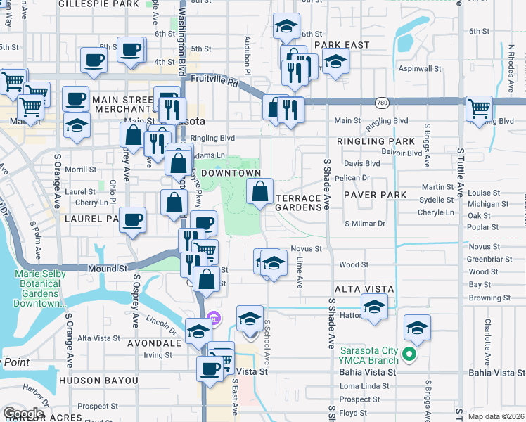 map of restaurants, bars, coffee shops, grocery stores, and more near 581 South School Avenue in Sarasota