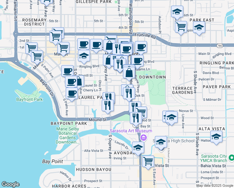 map of restaurants, bars, coffee shops, grocery stores, and more near 1873 Oak Street in Sarasota