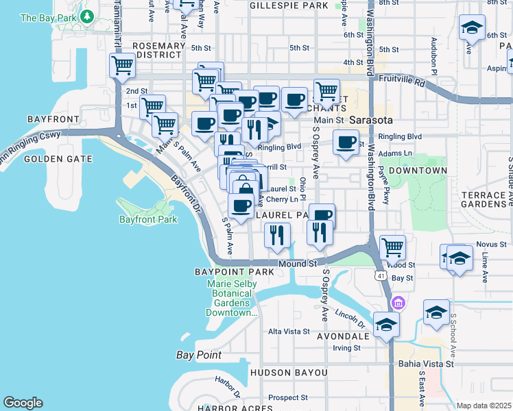 map of restaurants, bars, coffee shops, grocery stores, and more near 1647 Oak Street in Sarasota