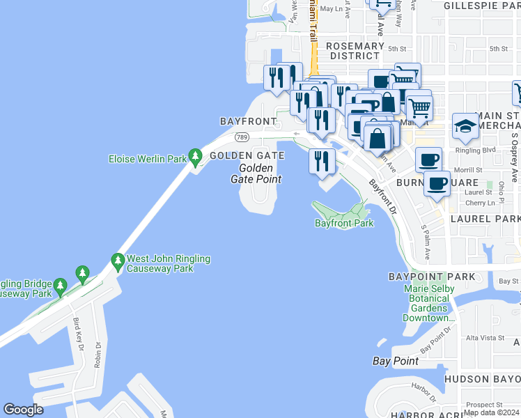 map of restaurants, bars, coffee shops, grocery stores, and more near 420 Golden Gate Point in Sarasota