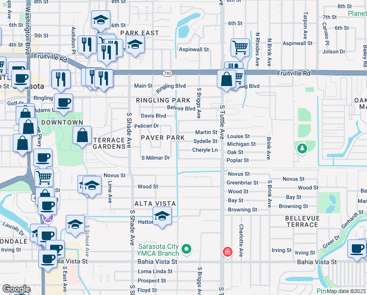 map of restaurants, bars, coffee shops, grocery stores, and more near 2520 East Milmar Drive in Sarasota