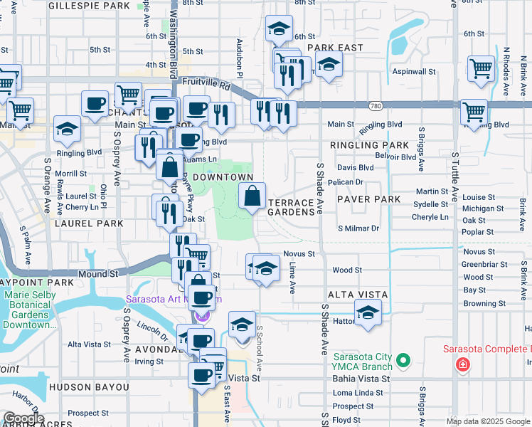 map of restaurants, bars, coffee shops, grocery stores, and more near 581 South School Avenue in Sarasota