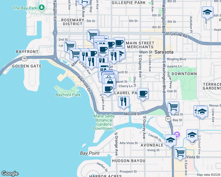 map of restaurants, bars, coffee shops, grocery stores, and more near 556 South Pineapple Avenue in Sarasota