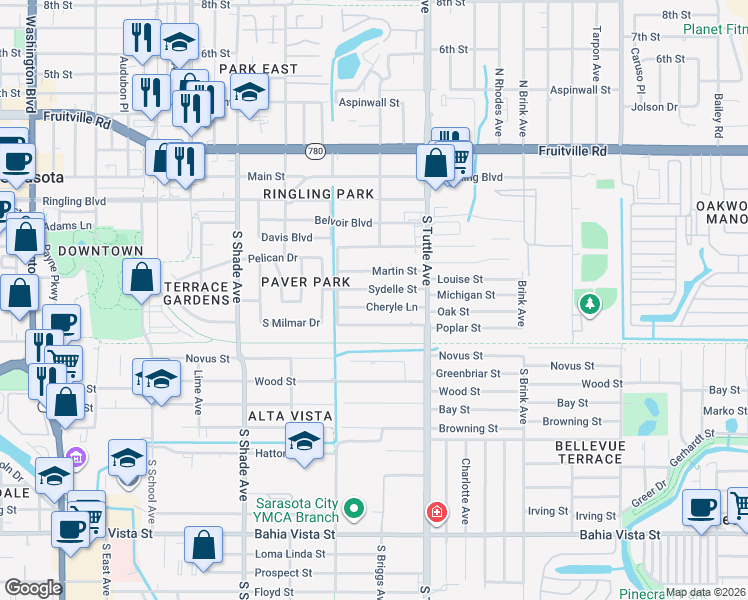 map of restaurants, bars, coffee shops, grocery stores, and more near 2656 Cheryle Lane in Sarasota