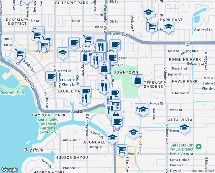 map of restaurants, bars, coffee shops, grocery stores, and more near 544 U.S. 301 in Sarasota