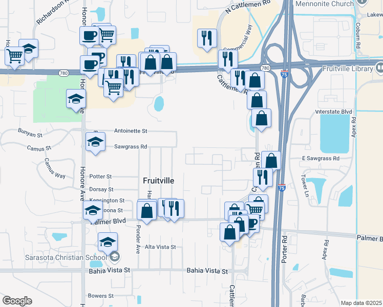 map of restaurants, bars, coffee shops, grocery stores, and more near 5728 Cape Primrose Drive in Sarasota