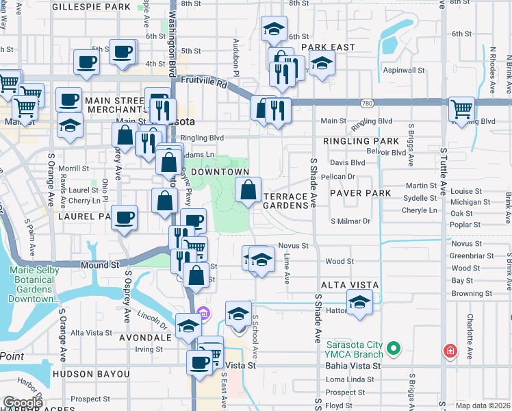 map of restaurants, bars, coffee shops, grocery stores, and more near 581 South School Avenue in Sarasota