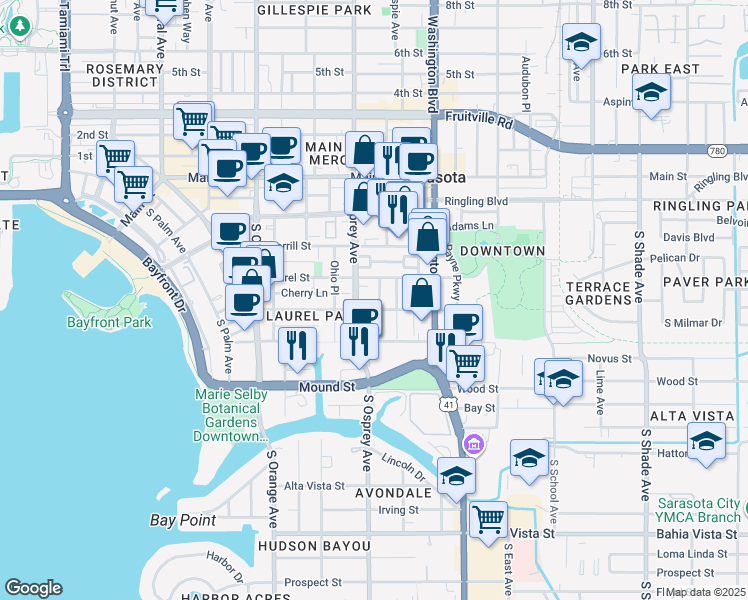 map of restaurants, bars, coffee shops, grocery stores, and more near 1873 Oak Street in Sarasota