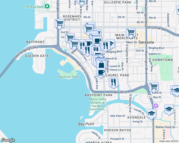 map of restaurants, bars, coffee shops, grocery stores, and more near 329 South Palm Avenue in Sarasota
