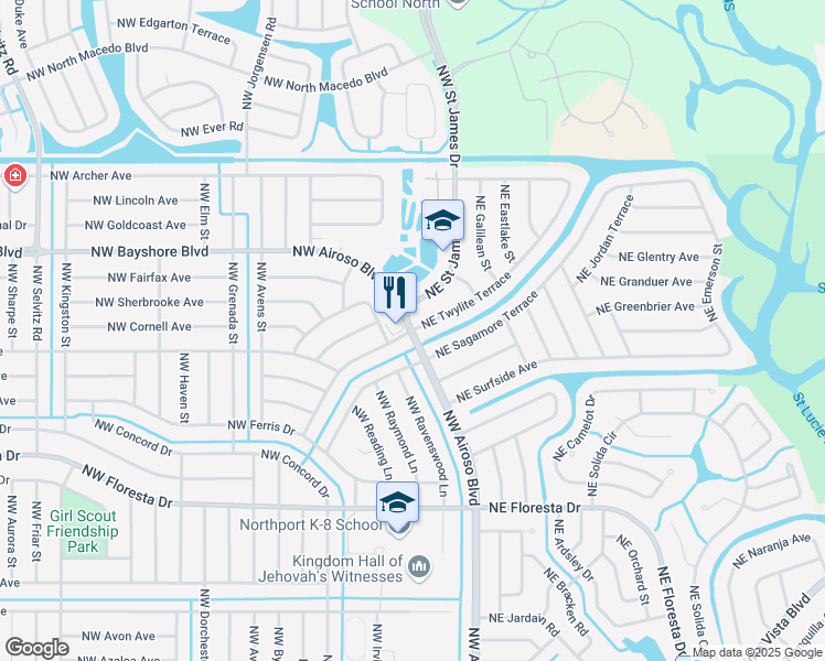 map of restaurants, bars, coffee shops, grocery stores, and more near NE Airoso Blvd & NW Twylite Terrace in Port St. Lucie