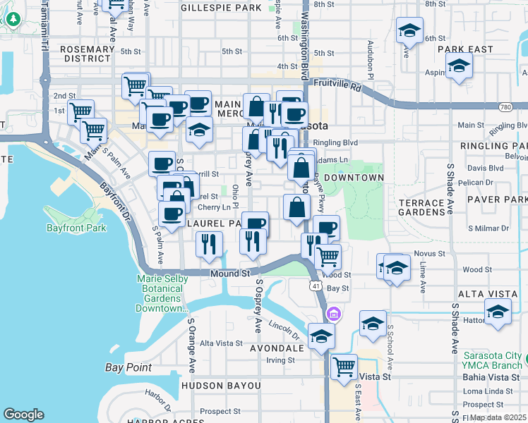 map of restaurants, bars, coffee shops, grocery stores, and more near 540 Madison Court in Sarasota