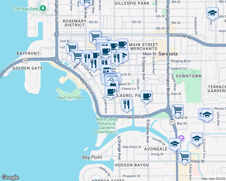 map of restaurants, bars, coffee shops, grocery stores, and more near 556 South Pineapple Avenue in Sarasota