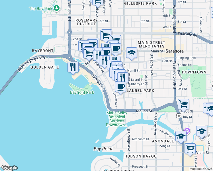 map of restaurants, bars, coffee shops, grocery stores, and more near 435 South Gulfstream Avenue in Sarasota