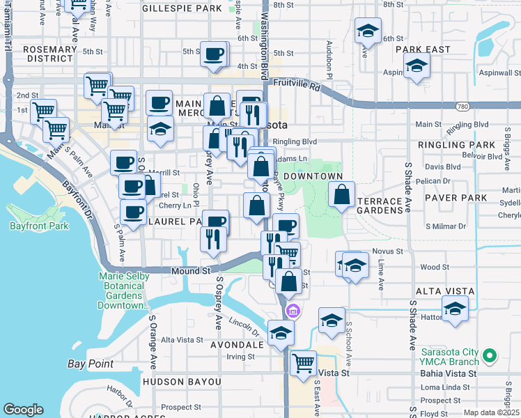 map of restaurants, bars, coffee shops, grocery stores, and more near 544 U.S. 301 in Sarasota