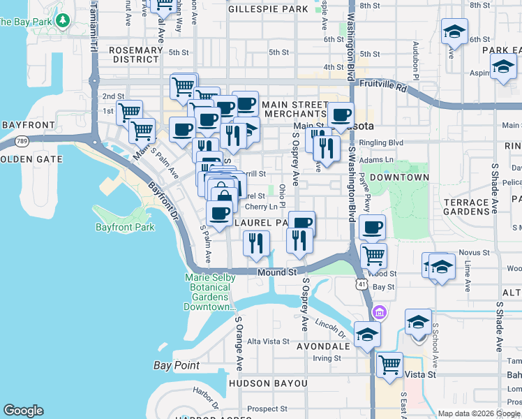 map of restaurants, bars, coffee shops, grocery stores, and more near in Sarasota