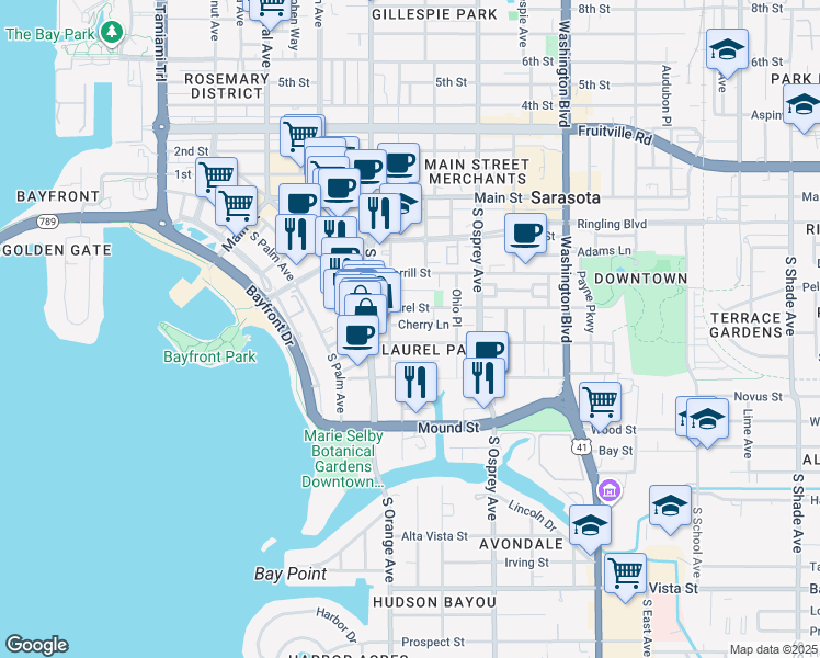 map of restaurants, bars, coffee shops, grocery stores, and more near 1647 Oak Street in Sarasota