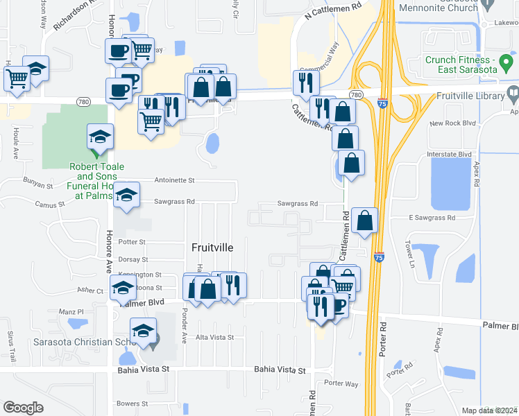 map of restaurants, bars, coffee shops, grocery stores, and more near 5741 Cape Primrose Drive in Sarasota