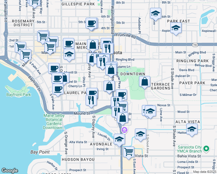 map of restaurants, bars, coffee shops, grocery stores, and more near in Sarasota