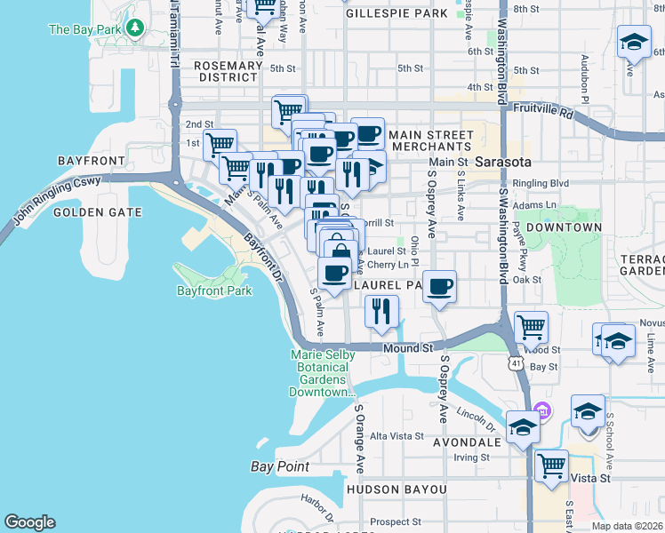 map of restaurants, bars, coffee shops, grocery stores, and more near 530 South Pineapple Avenue in Sarasota