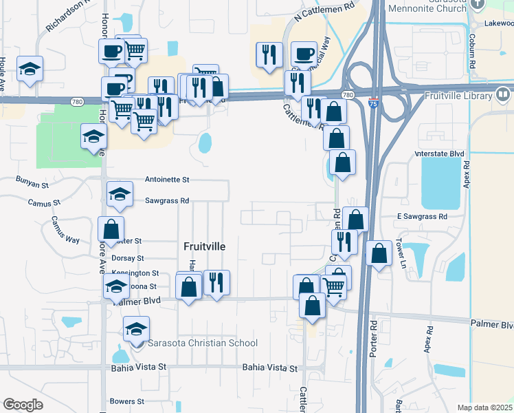 map of restaurants, bars, coffee shops, grocery stores, and more near 5728 Cape Primrose Drive in Sarasota