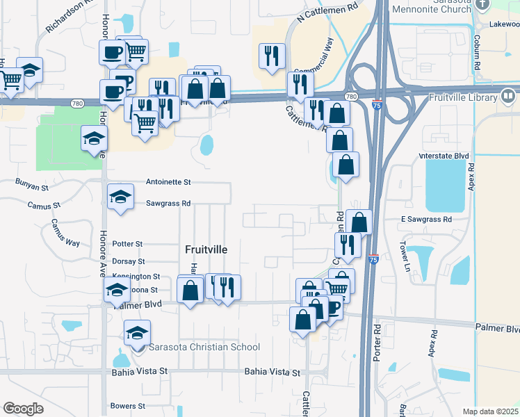 map of restaurants, bars, coffee shops, grocery stores, and more near 5728 Cape Primrose Drive in Sarasota