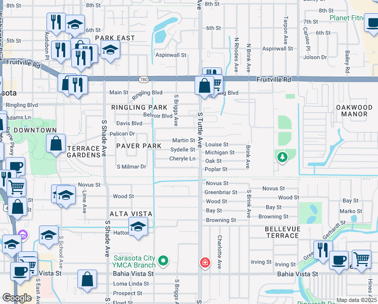 map of restaurants, bars, coffee shops, grocery stores, and more near 2751 Cheryle Lane in Sarasota