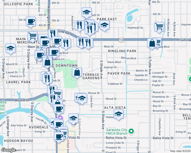 map of restaurants, bars, coffee shops, grocery stores, and more near 490 South Lime Avenue in Sarasota