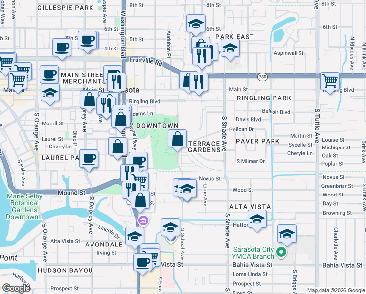 map of restaurants, bars, coffee shops, grocery stores, and more near 581 South School Avenue in Sarasota