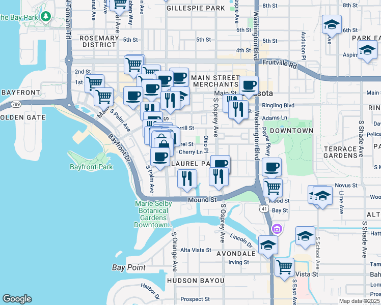 map of restaurants, bars, coffee shops, grocery stores, and more near in Sarasota