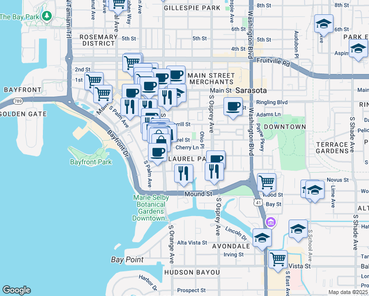 map of restaurants, bars, coffee shops, grocery stores, and more near 1647 Oak Street in Sarasota