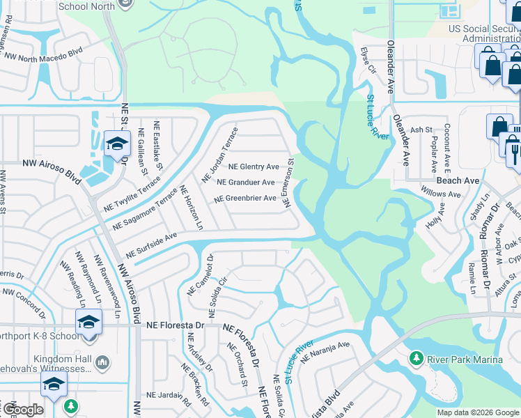 map of restaurants, bars, coffee shops, grocery stores, and more near 366 Northeast Gulfstream Avenue in Port St. Lucie