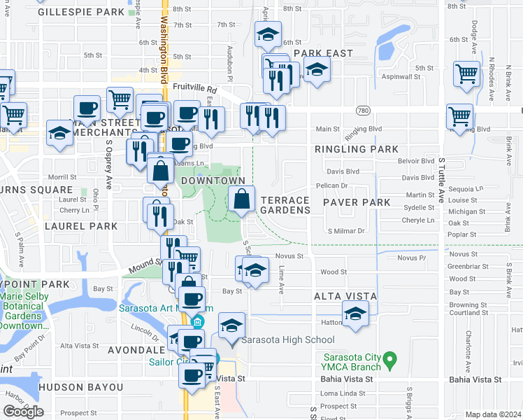 map of restaurants, bars, coffee shops, grocery stores, and more near 390 South Pelican Drive in Sarasota