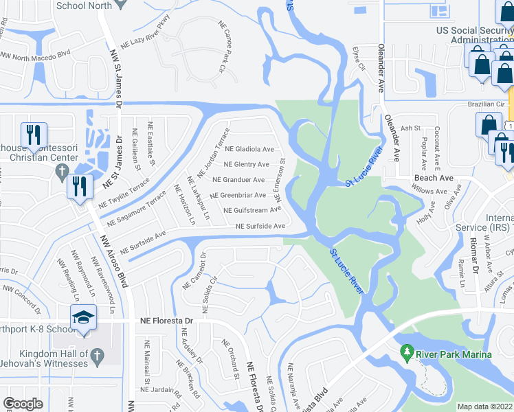 map of restaurants, bars, coffee shops, grocery stores, and more near 365 Northeast Gulfstream Avenue in Port Saint Lucie