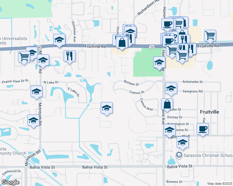 map of restaurants, bars, coffee shops, grocery stores, and more near 4800 Bunyan Street in Sarasota
