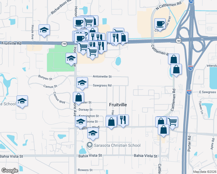 map of restaurants, bars, coffee shops, grocery stores, and more near 520 Ponder Avenue in Sarasota