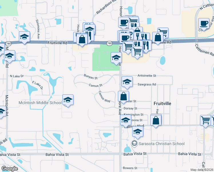 map of restaurants, bars, coffee shops, grocery stores, and more near 5066 Indian Mound Street in Sarasota