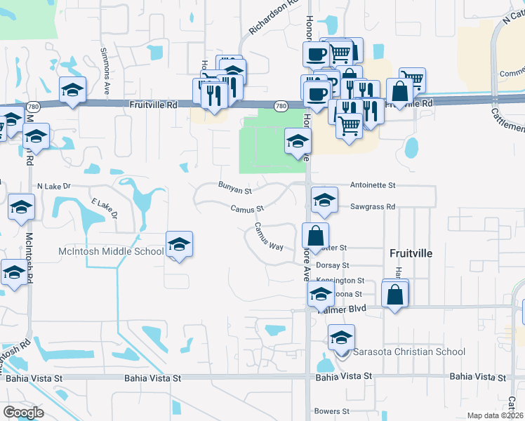 map of restaurants, bars, coffee shops, grocery stores, and more near 5098 Indian Mound Street in Sarasota