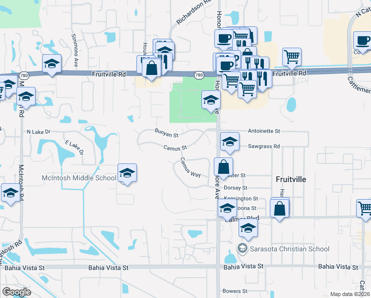 map of restaurants, bars, coffee shops, grocery stores, and more near 5098 Indian Mound Street in Sarasota