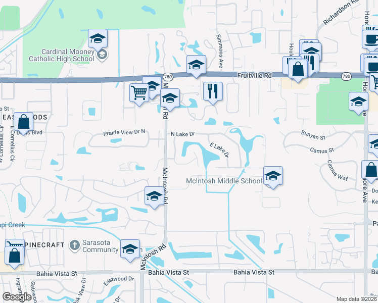 map of restaurants, bars, coffee shops, grocery stores, and more near 647 West Lake Drive in Sarasota