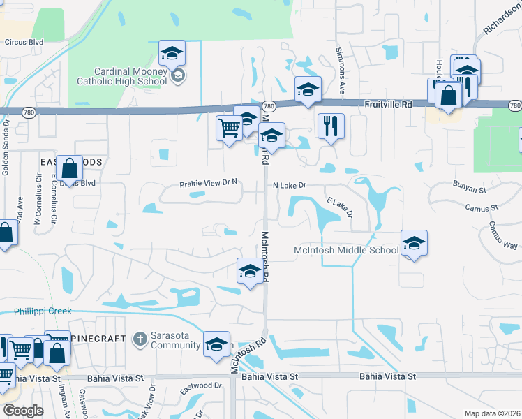 map of restaurants, bars, coffee shops, grocery stores, and more near 4400 West Lake Way in Sarasota