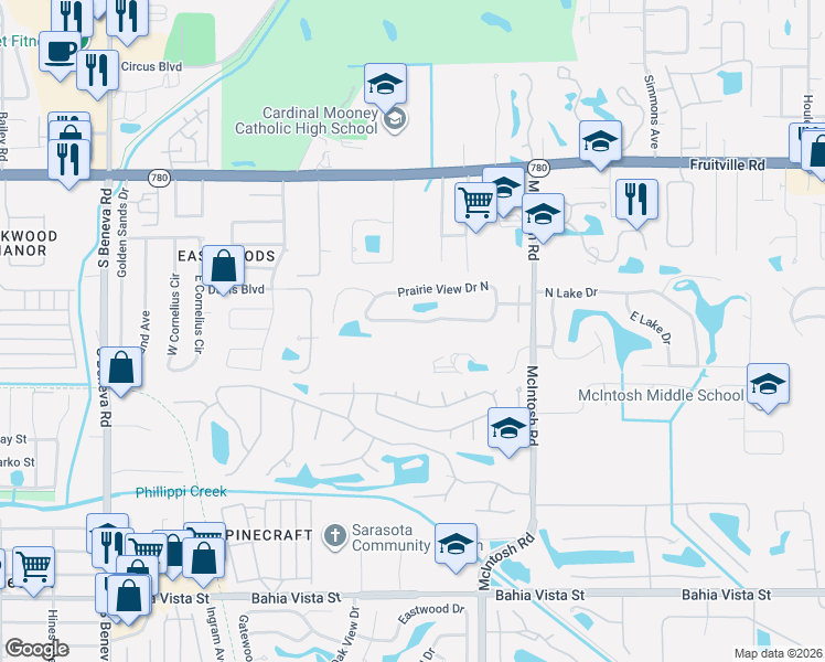 map of restaurants, bars, coffee shops, grocery stores, and more near 4192 Prairie View Drive South in Sarasota