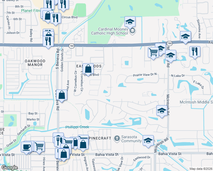 map of restaurants, bars, coffee shops, grocery stores, and more near 441 Bearded Oaks Circle in Sarasota