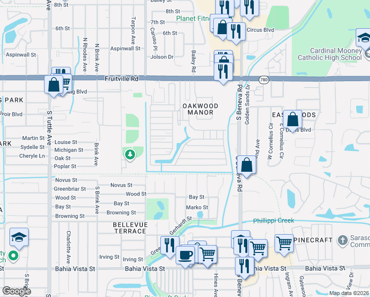 map of restaurants, bars, coffee shops, grocery stores, and more near 3313 Laurel Oak Way in Sarasota