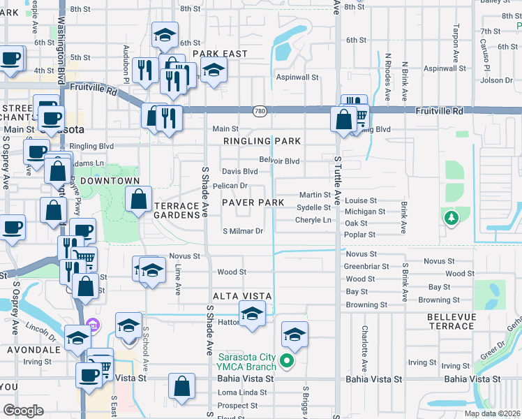 map of restaurants, bars, coffee shops, grocery stores, and more near 2518 South Paulstan Court in Sarasota