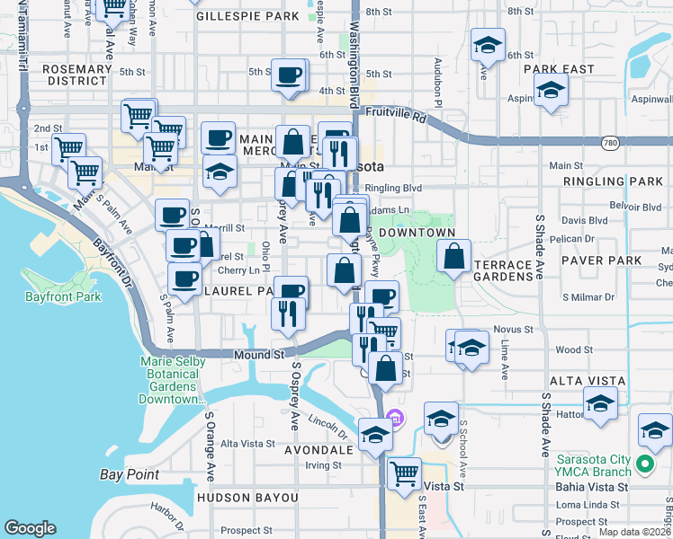 map of restaurants, bars, coffee shops, grocery stores, and more near 544 U.S. 301 in Sarasota