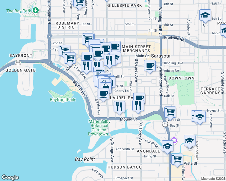 map of restaurants, bars, coffee shops, grocery stores, and more near 1647 Oak Street in Sarasota