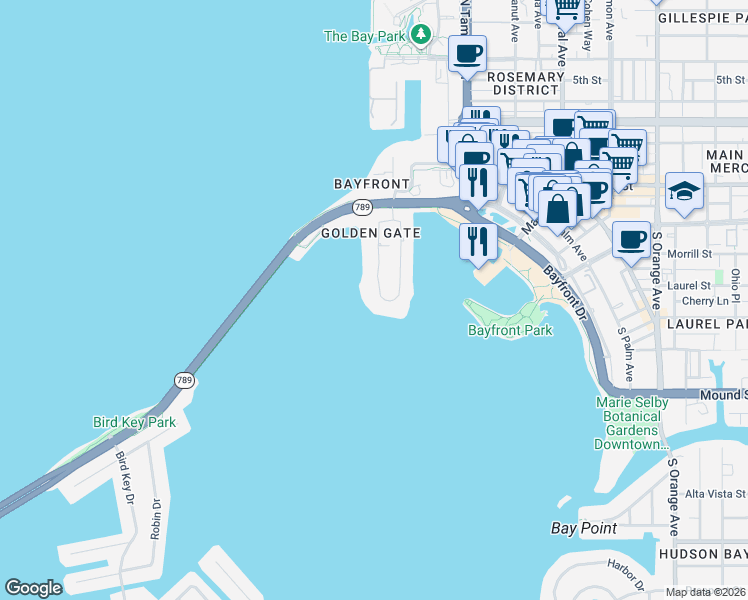 map of restaurants, bars, coffee shops, grocery stores, and more near 378 Golden Gate Point in Sarasota