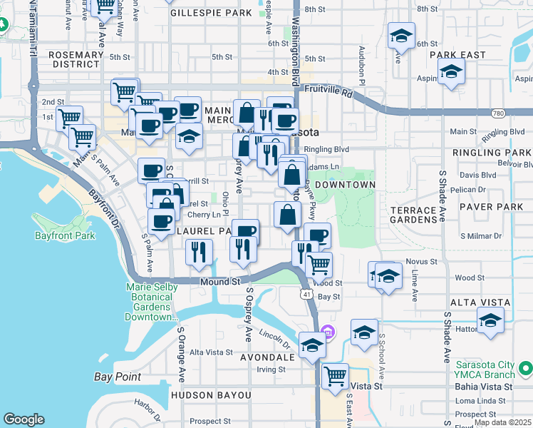 map of restaurants, bars, coffee shops, grocery stores, and more near 1873 Oak Street in Sarasota