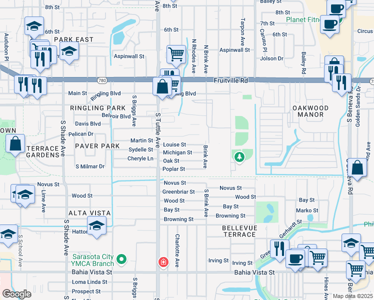 map of restaurants, bars, coffee shops, grocery stores, and more near 2897 Oak Street in Sarasota
